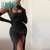 Lunivop Summer Bodycon Satin Red Birthday Party Dresses Sexy Spaghetti Strap Midi Dress Elegant